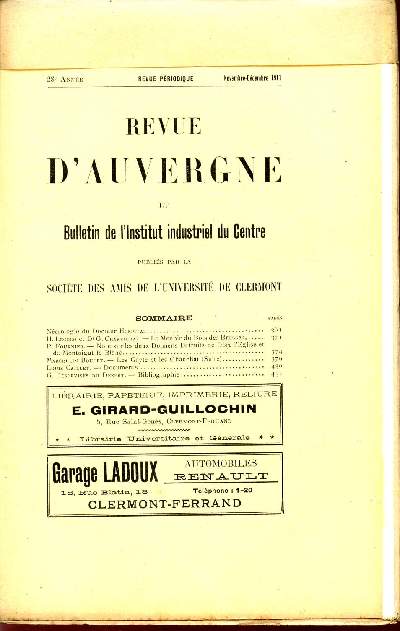 REVUE D'AUVERGNE ET BULLETIN DE L'UNIVERSITE / 28 ANNEE - NOVEMBRE-DECEMBRE 1911.