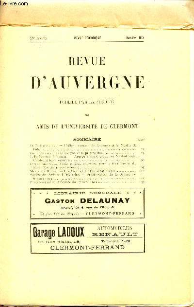 REVUE D'AUVERGNE ET BULLETIN DE L'UNIVERSITE / 29 ANNEE - MARS-AVRIL 1912.