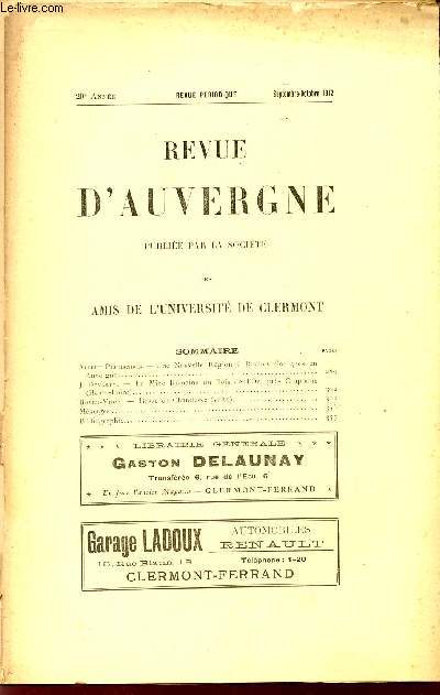 REVUE D'AUVERGNE ET BULLETIN DE L'UNIVERSITE / 29 ANNEE - SEPTEMBRE-OCTOBRE 1912.