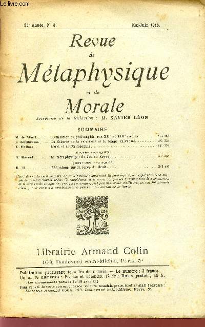 REVUE DE METAPHYSIQUE ET DE MORALE / 25 ANNEE - N3 - MAI-JUIN 1918.