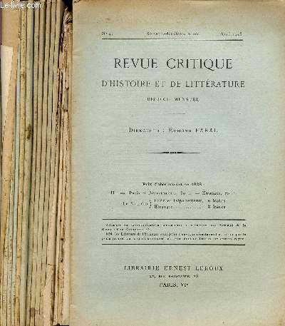 REVUE CRITIQUE D'HISTOIRE ET DE LITTERATURE / LOT DE 13 REVUES + NOMBREUSES FEUILLES DESSOLIDARISEES - DATES DE 1899 A 1933.