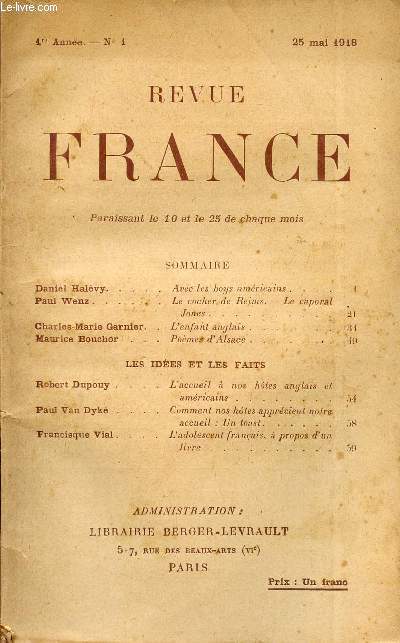 REVUE FRANCE / 1ere ANNEE - N 1 - 25 MAI 1918.