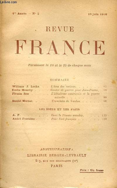REVUE FRANCE / 1ere ANNEE - N 2 - 10 JUINI 1918.