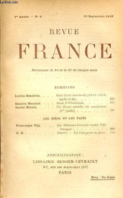 REVUE FRANCE / 1ere ANNEE - N 8 - 10 SEPTEMBER 1918.