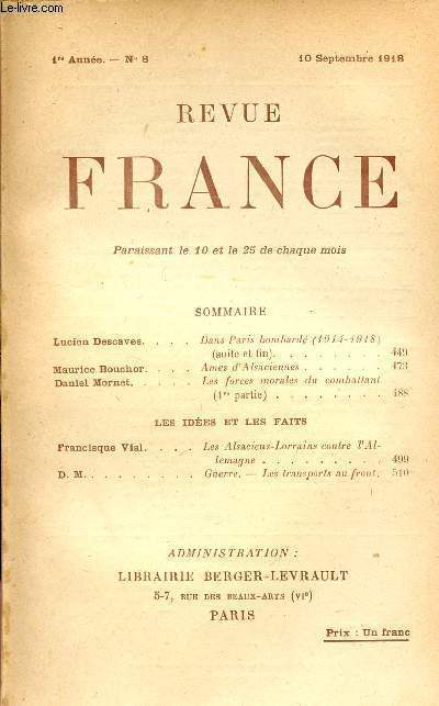 REVUE FRANCE / 1ere ANNEE - N 8 - 10 SEPTEMBER 1918.