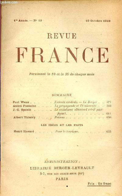 REVUE FRANCE / 1ere ANNEE - N 10 - 10 OCTOBRE 1918.