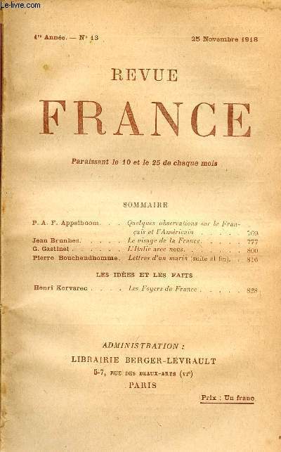 REVUE FRANCE / 1ere ANNEE - N 13 - 25 NOVEMBRE 1918.
