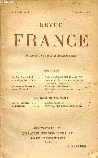 REVUE FRANCE / 2me ANNEE - N 1 - 10 JANVIER 1919.