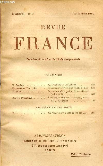 REVUE FRANCE / 2me ANNEE - N 3 - 10 FEVRIER 1919.