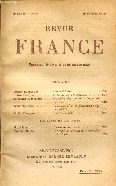 REVUE FRANCE / 2me ANNEE - N 4 - 25 FEVRIER 1919.