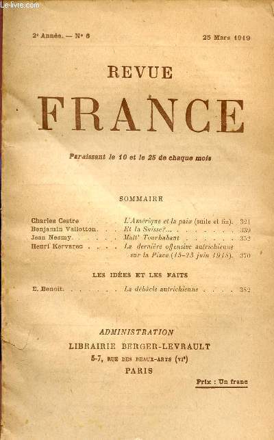 REVUE FRANCE / 2me ANNEE - N 6 - 25 MARS 1919.