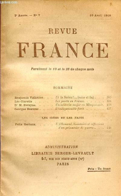 REVUE FRANCE / 2me ANNEE - N 7 - 10 AVRIL 1919.