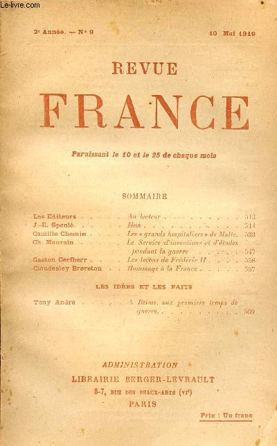 REVUE FRANCE / 2me ANNEE - N 9 - 10 MAI 1919.