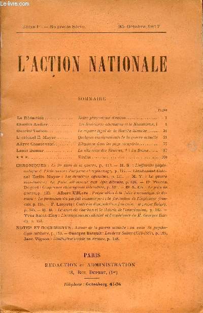 L'ACTION NATIONALE / TOME 1er - NOUVELLE SERIE - 25 OCTOBRE 1917.