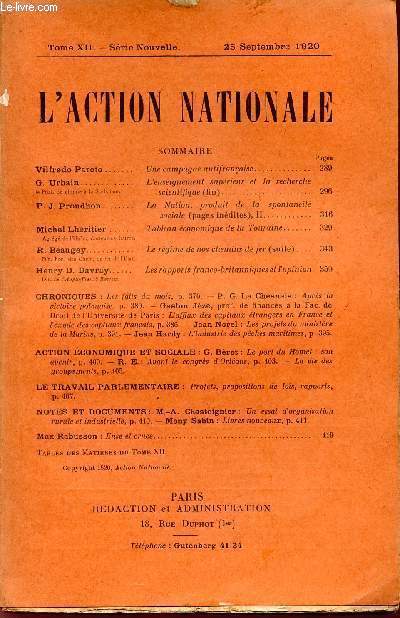 L'ACTION NATIONALE / TOME XII - SERIE NOUVELLE - 25 SEPTEMBRE 1920.