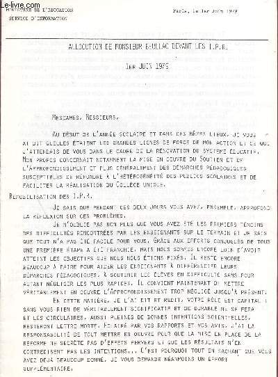 ALLOCUTION DE MONSIEUR BEULLAC DEVANT LES I.R.P. - 1er JUIN 1979.