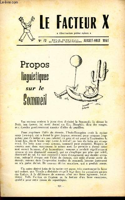 LE FACTEUR X / N° 72 - JUILLET-AOUT 1961 / PROPOS LINGUSITIQUES SUR LE SOMMEIL ...