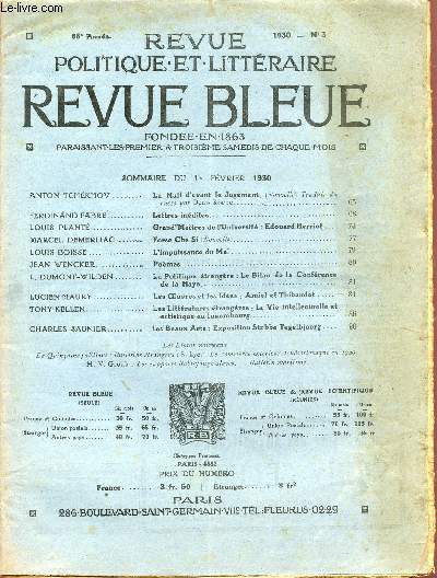 LA REVUE BLEUE / REVUE POLITIQUE ET LITTERAIRE / N3 - 68me ANNEE - 1930.