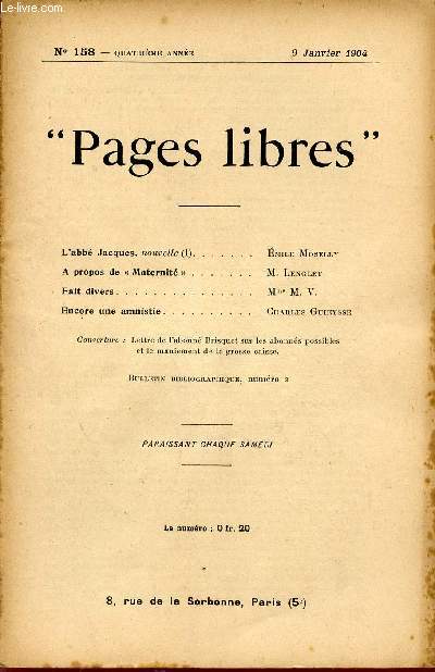 PAGES LIBRES / N158 - QUATRIEME ANNEE / 9 JANVIER 1904.