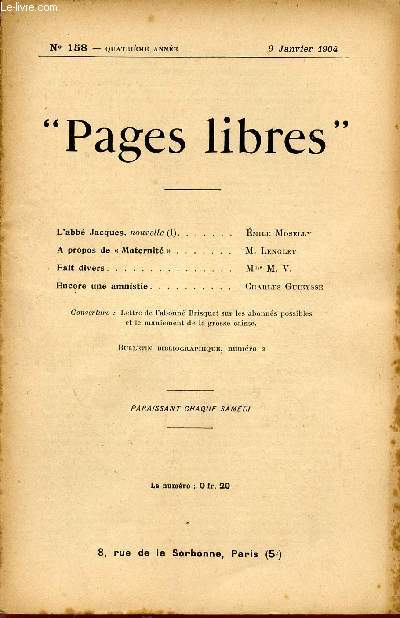 PAGES LIBRES / N158 - QUATRIEME ANNEE / 9 JANVIER 1904.