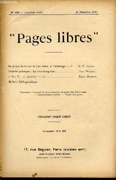 PAGES LIBRES / N259 - CINQUIEME ANNEE / 16 DECEMBRE 1905.