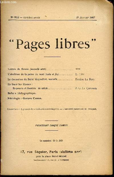 PAGES LIBRES / N316 - SEPTIEME ANNEE / 19 JANVIER 1907.