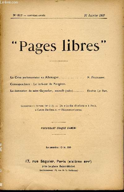 PAGES LIBRES / N317 - SEPTIEME ANNEE / 26 JANVIER 1907.