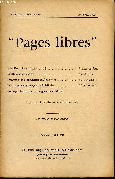 PAGES LIBRES / N330 - SEPTIEME ANNEE / 27 AVRIL 1907.