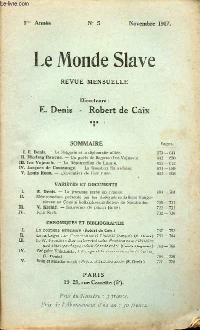 LE MONDE SLAVE / 1ere ANNEE - N5 - NOVEMBRE 1917.