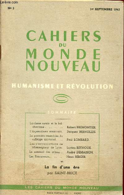 CAHIERS DU MONDE NOUVEAU / HUMANISME ET REVOLUTION / N 3 - 1er SEPTEMBRE 1943.