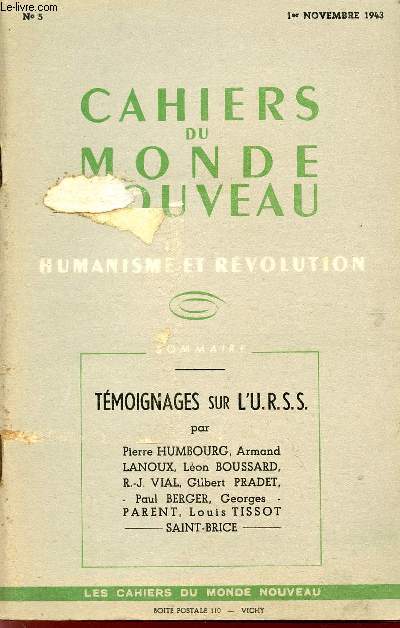 CAHIERS DU MONDE NOUVEAU / HUMANISME ET REVOLUTION / N 3 - 1er NOVEMBRE 1943.