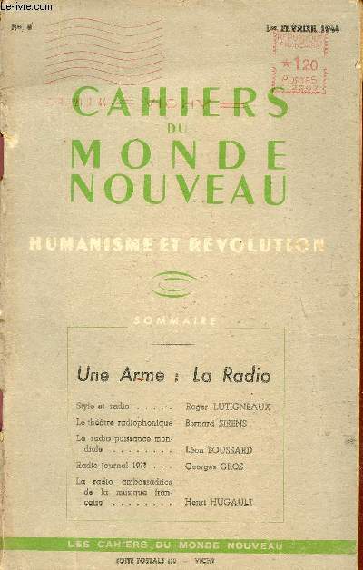CAHIERS DU MONDE NOUVEAU / HUMANISME ET REVOLUTION / N 8 - 1er FEVRIER 1944.