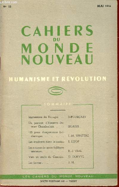 CAHIERS DU MONDE NOUVEAU / HUMANISME ET REVOLUTION / N 11 - MAI 1944.