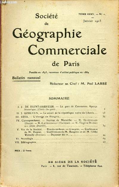 SOCIETE DE GEOGRAPHIE COMMERCIALE DE PARIS / TOME XXXV - N1 / JANVIER 1913.