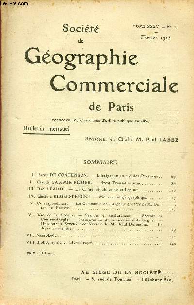 SOCIETE DE GEOGRAPHIE COMMERCIALE DE PARIS / TOME XXXV - N2 / JANVIER 1913.