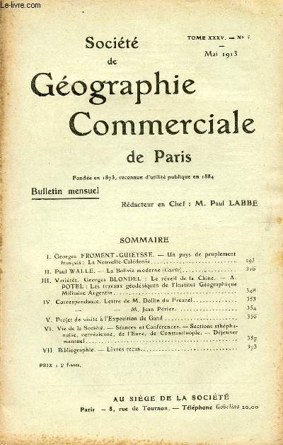 SOCIETE DE GEOGRAPHIE COMMERCIALE DE PARIS / TOME XXXV - N 5 / MAI 1913.