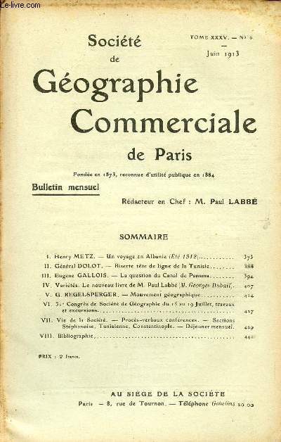 SOCIETE DE GEOGRAPHIE COMMERCIALE DE PARIS / TOME XXXV - N 6 / JUIN 1913.