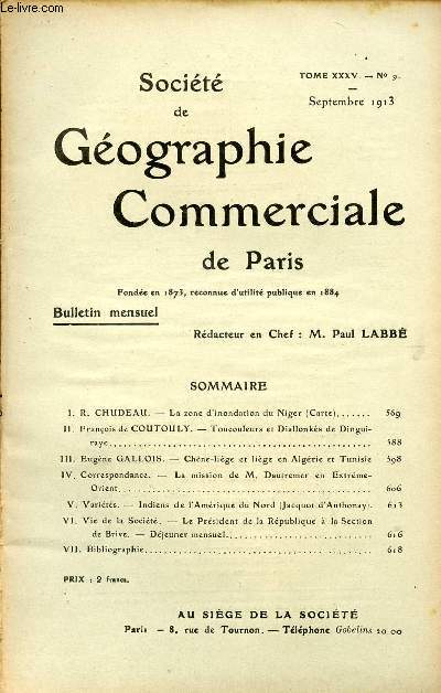 SOCIETE DE GEOGRAPHIE COMMERCIALE DE PARIS / TOME XXXV - N 9 / SEPTEMBRE 1913.