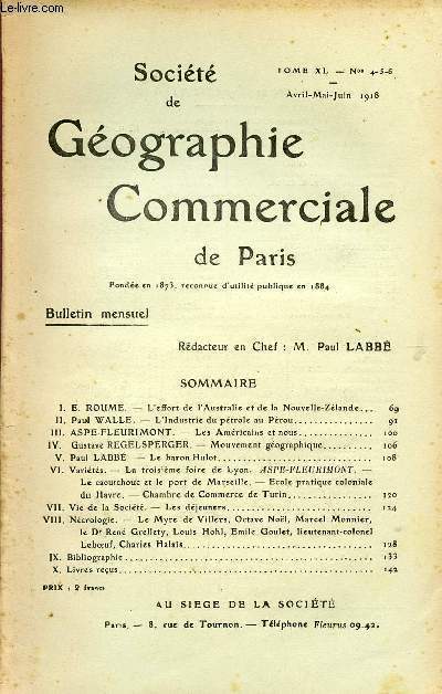 SOCIETE DE GEOGRAPHIE COMMERCIALE DE PARIS / TOME XL / N 4 - 5 - 6 / 1918.