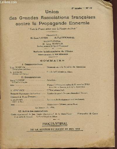 UNION DES GRANDES ASSOCIATIONS FRANCAISES CONTRE LA PROPAGANDE ENNEMIE / 2eme ANNEE - N19 / 