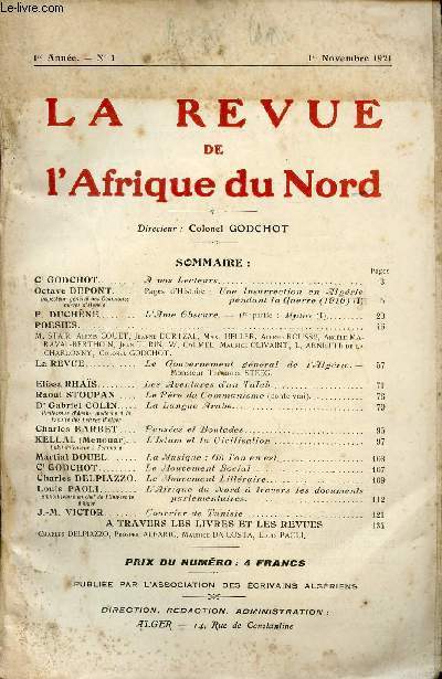 LA REVUE DE L'AFRIQUE DU NORD / 1ere ANNEE - N1 / 1er NOVEMBRE 1921.