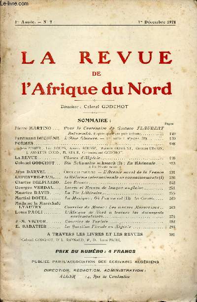 LA REVUE DE L'AFRIQUE DU NORD / 1ere ANNEE - N2 / 1er DECEMBRE 1921.