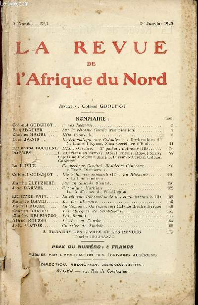 LA REVUE DE L'AFRIQUE DU NORD / 2me ANNEE - N1 / 1er JANVIER 1922.