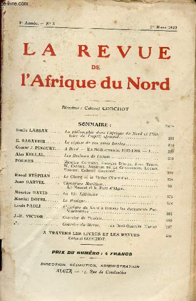 LA REVUE DE L'AFRIQUE DU NORD / 2me ANNEE - N3 / 1er MARS 1922.