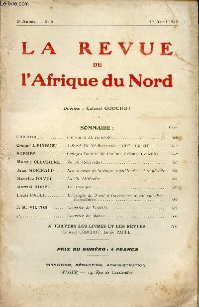 LA REVUE DE L'AFRIQUE DU NORD / 2me ANNEE - N4 / 1er AVRIL 1922.