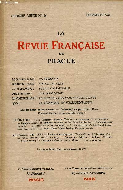 LA REVUE FRANCAISE DE PRAGUE / 8me ANNEE / N 46 / DECEMBRE 1929.