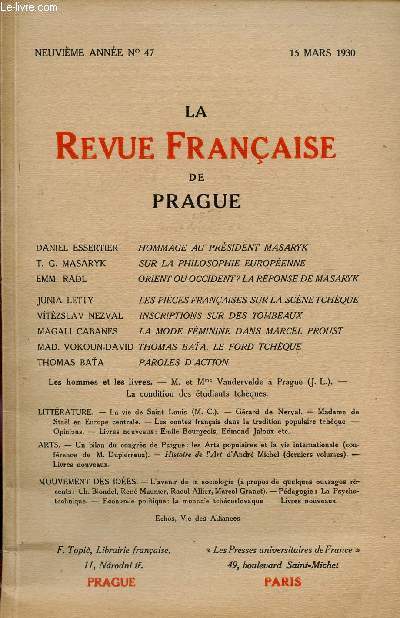 LA REVUE FRANCAISE DE PRAGUE / 9me ANNEE / N 47 / 15 MARS 1930.