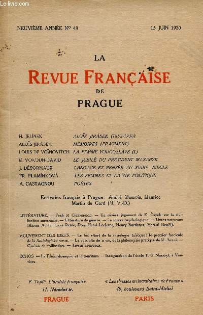 LA REVUE FRANCAISE DE PRAGUE / 9me ANNEE / N 48 / 15 JUIN 1930.