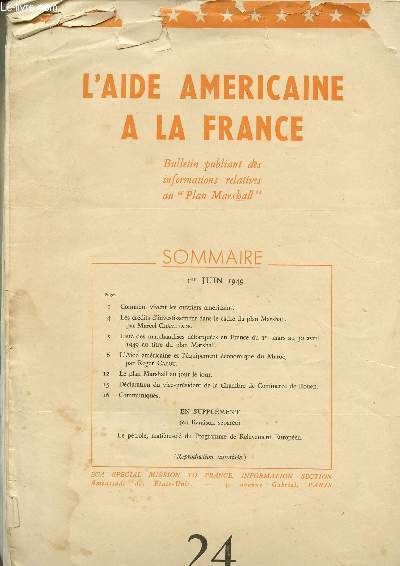 BULLETIN - L'AIDE AMERICAINE A LA FRANCE / 3 BULLETINS PUBLIANTS DES INFORMATIONS RELATIVES AU 