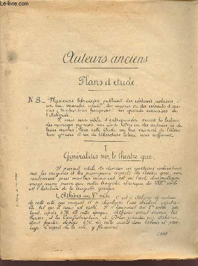 AUTEURS ANCIENS / PLANS D'ETUDE.